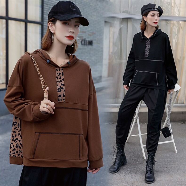 深水步2021春秋装新款时尚豹纹拼接卫衣上衣，女装卫衣/绒衫，深水步