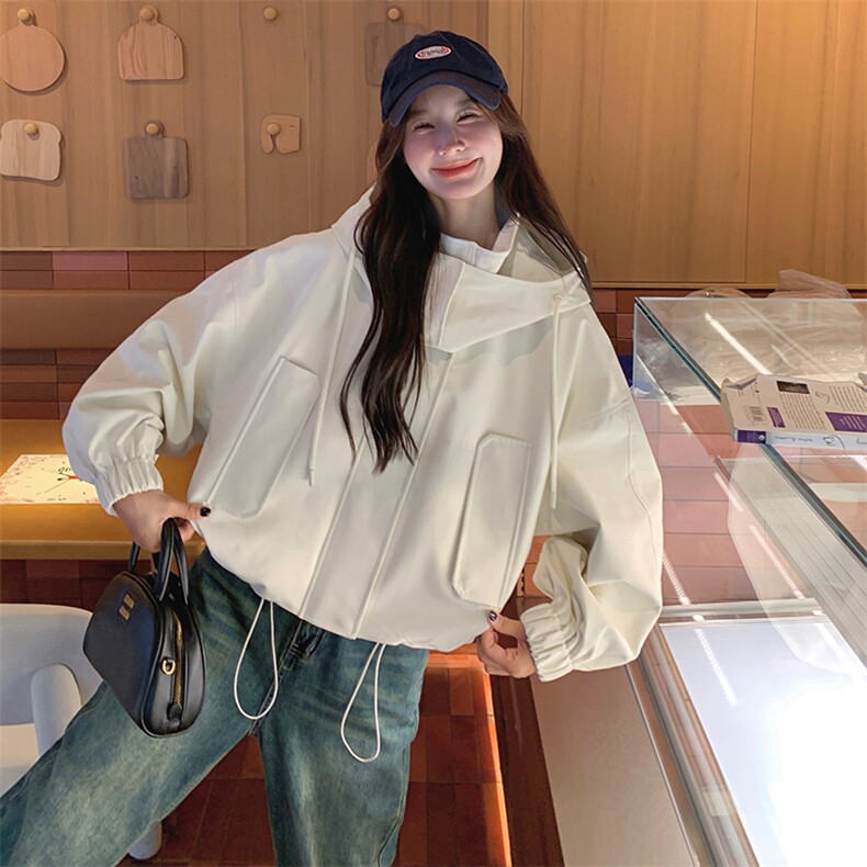 米白色休闲设计感夹克短外套女2025春秋季新款韩版连帽棒球服上衣,女装短外套,维壹