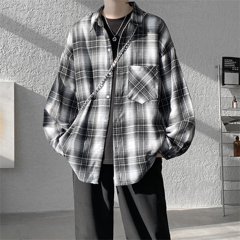 衬衫男秋季新款港风宽松大码磨毛格子长袖衬衣CS606-特P28图片