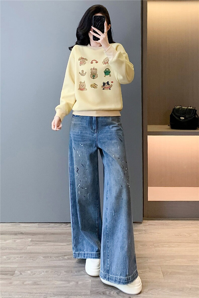潮流时尚百搭套装女春季款时髦显瘦圆领印花长袖卫衣牛仔裤两件套,女装套装/套裙,江南