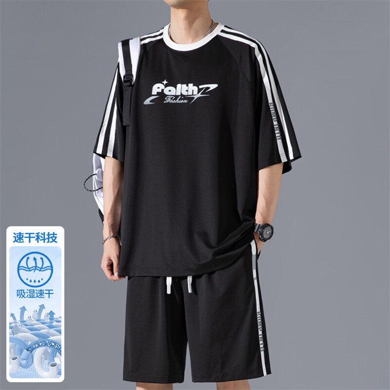 2025夏季新款无影墙大码冰丝印花短袖套装M-5XHQ25548-特P55,男装休闲套装,电商A022