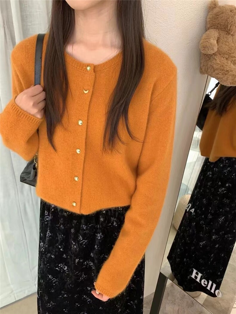 秋冬季百搭时尚复古圆领小金扣开衫针织衫上衣，女装针织衫/毛衣，半城羊绒