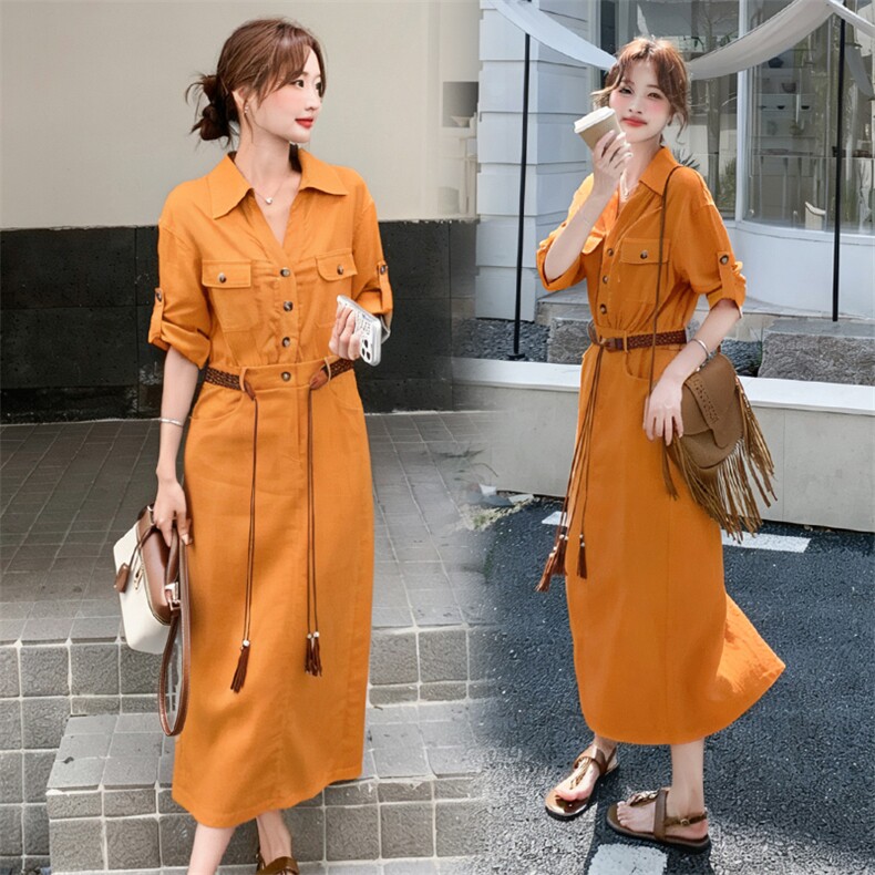 《26夏上新现货》天丝亚麻气质舒服透气三色连衣裙女送腰带,女装连衣裙,时尚风爆