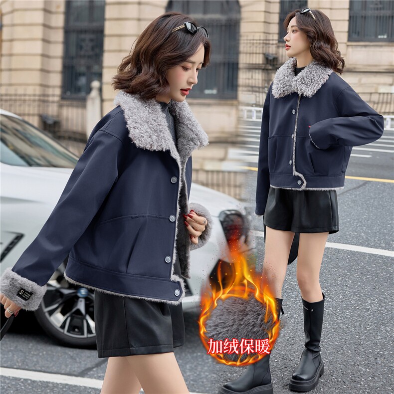 2025秋冬新品~时尚羊羔毛加棉加厚大翻领棉衣外套,女装棉衣/棉服,依路服饰