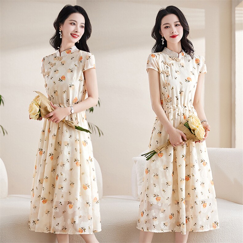 春夏新款枇杷印花双层宽松连衣裙女收腰盘扣改良旗袍中长裙，女装大码女装，琦鑫阁（原依鑫阁）