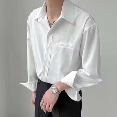 高级坠感青少年衬衫长袖春秋季新款纯色免烫宽松打底内搭衬衣,男装T恤,星座410-6（原星座1304-1）
