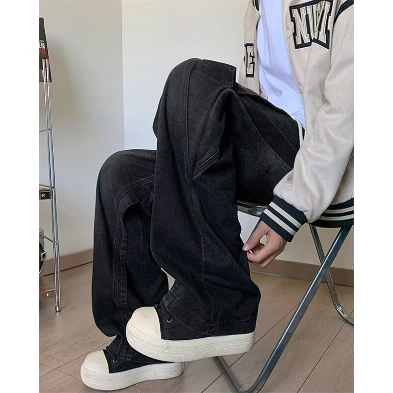 潮常规青少年无弹日常原宿大码牛仔裤男春秋款阔腿长裤秋季7048图片