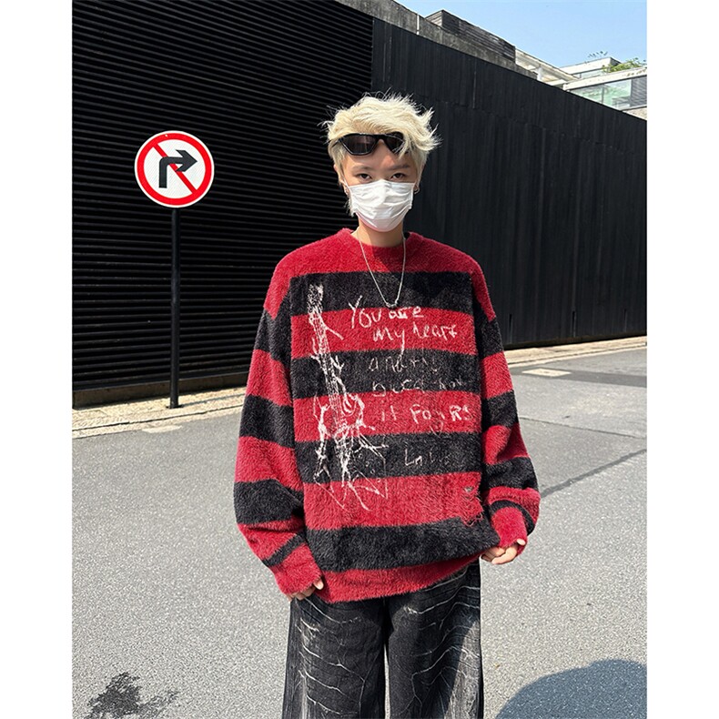 美式新款毛绒字母针织衫男款潮牌宽松休闲百搭慵懒风毛衣,男装针织衫/毛衣,星座410-7