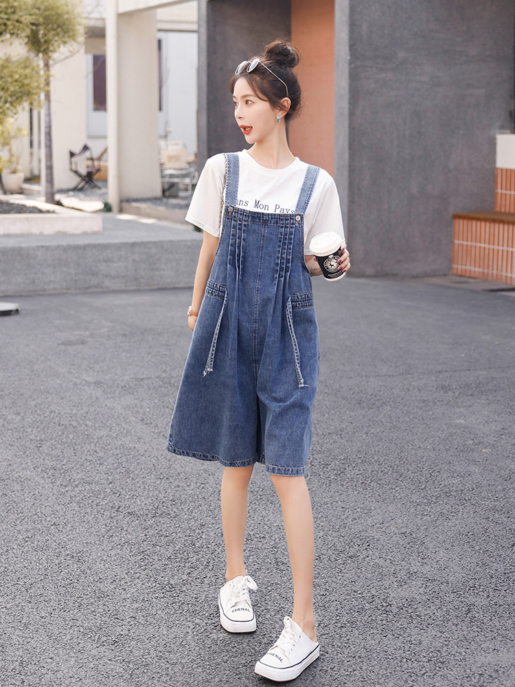 时尚宽松牛仔背带裤女夏季新款显瘦百搭休闲短裤连体裤学生装,女装连体裤,秋水欣儿