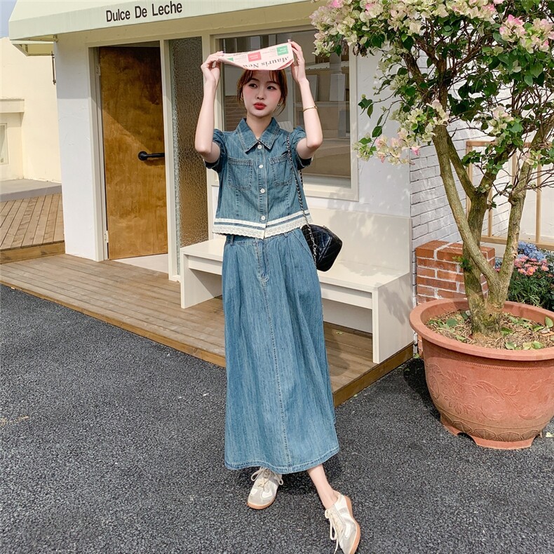 高级感蕾丝拼接牛仔衬衫套装裙女2025夏新款高腰显瘦半身裙两件套,女装套装/套裙,2C159