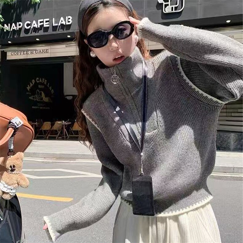 女士半拉链假两件长袖2025年秋季,女装羊毛衫,萱芳婷羊绒