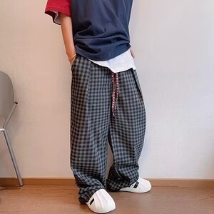 2025复古彩色飘带格子加绒休闲裤子男春秋新款bf慵懒风宽松阔腿裤图片