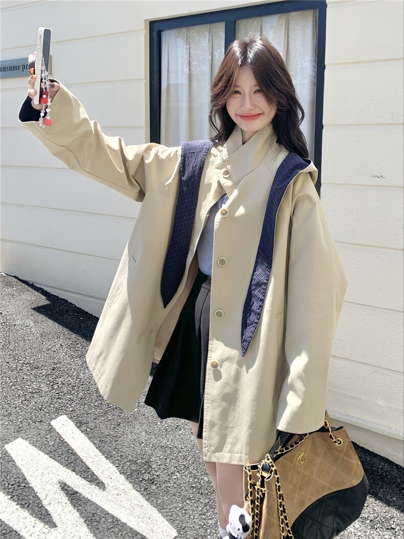 设计感减龄宽松风衣外套女春秋新款爆款可拆卸连帽小个子百搭大衣,女装风衣,慧尚2-185