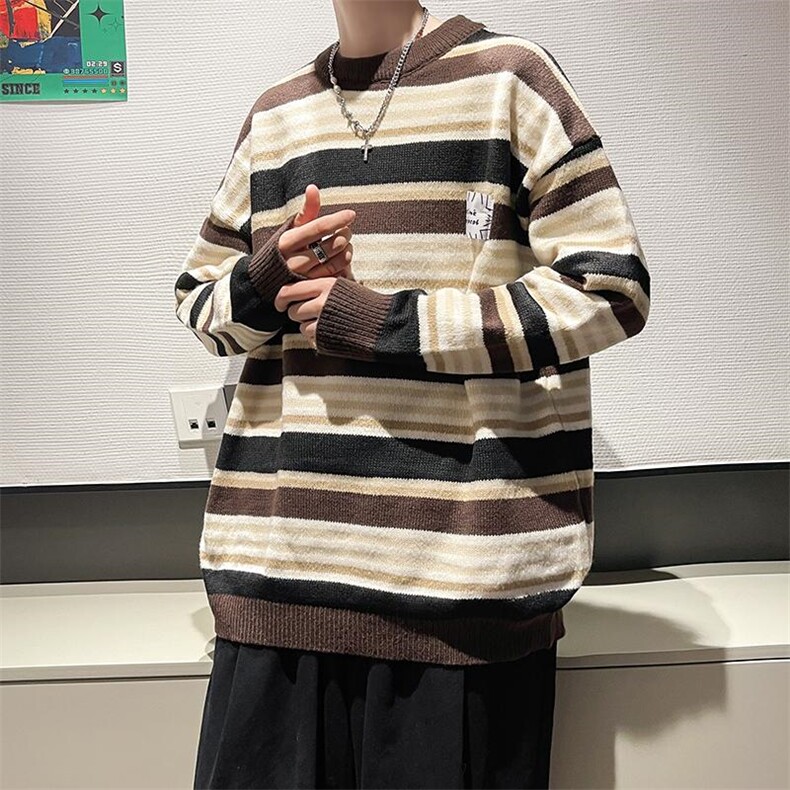 日系宽松慵懒风毛衣男2024春秋季条纹针织衫港风宽松情侣线衣,男装针织衫/毛衣,星座716-2