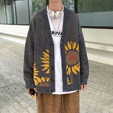 A090xj205-P95控价11太阳花卡通男中性情侣港风宽松开衫毛衣图片