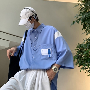 【2025春夏】拼接CITYBOY风中性休闲夏季宽松五分袖男短袖衬衫图片