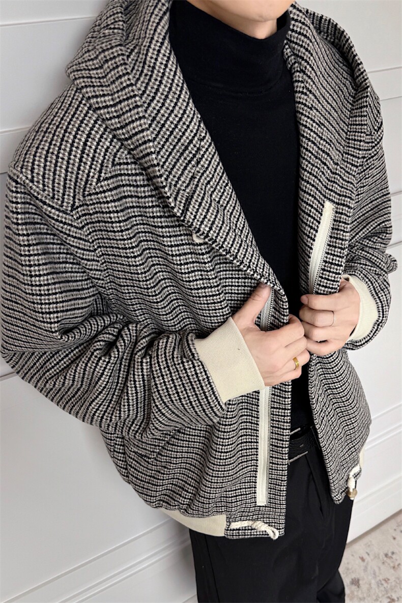 千鸟格呢子夹克男宽松百搭牛角扣休闲连帽外套XZ514-2-4234-P108,男装夹克,星座514-2(原B239)