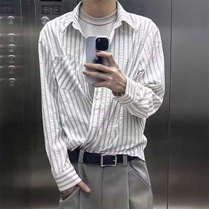 港风秋冬款男女竖条纹衬衫长袖衬衣外套cs591 P40图片