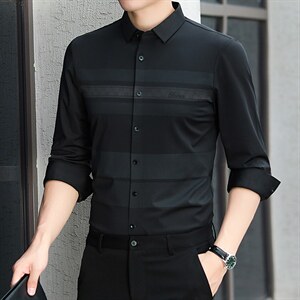 长袖衬衫男2023秋季季新款商务休闲衬衣潮流条纹上衣中年男士寸衫图片