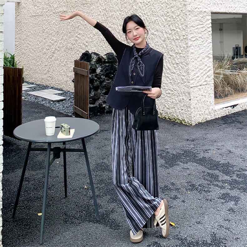 韩系通勤风马甲套装女2025秋新款时尚气质高级感条纹阔腿裤两件套，女装运动套装，浙宝285（原212）