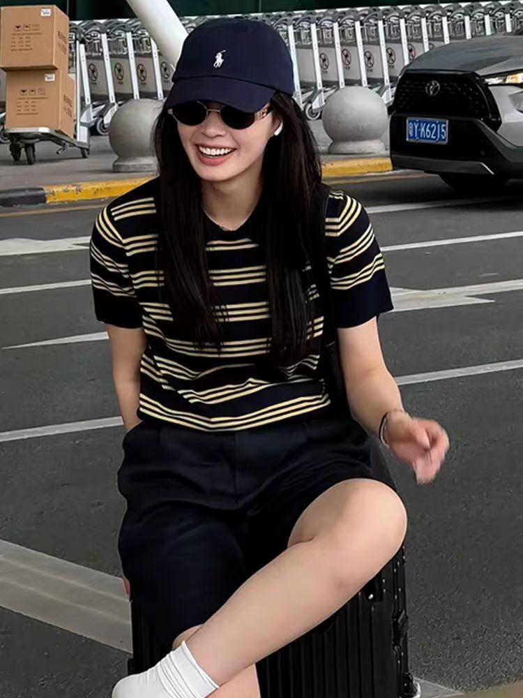 2025夏季翻领条纹圆领冰丝短袖,针织衫/毛衣,兰叶羊绒
