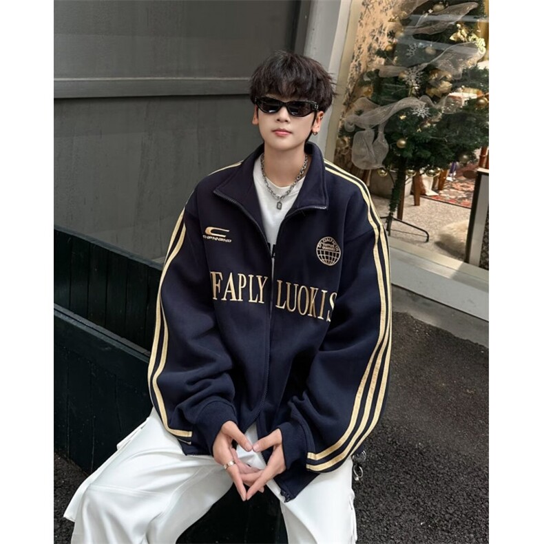 美式复古拉链条纹开衫潮牌高级感运动宽松夹克，男装夹克，四季星座505