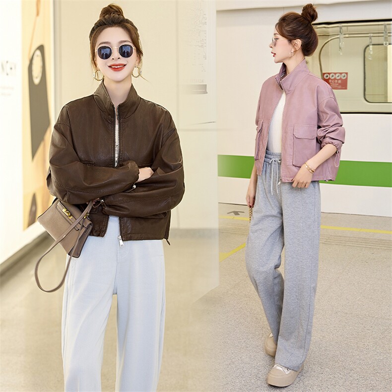 欧货立领皮衣外套女2025春秋新款小个子休闲宽松百搭机车夹克上衣，女装皮衣，江南女神