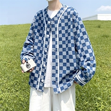 22秋冬港风大码美式棒球服长袖外套夹克格子牛仔衣潮流F17/P65，男装夹克，钱塘713