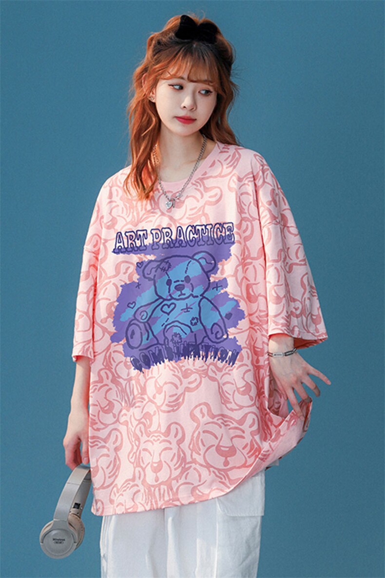 中性夏季新款设计感小熊印花图案情侣短袖T恤T951P45控58,女装T恤,A247A