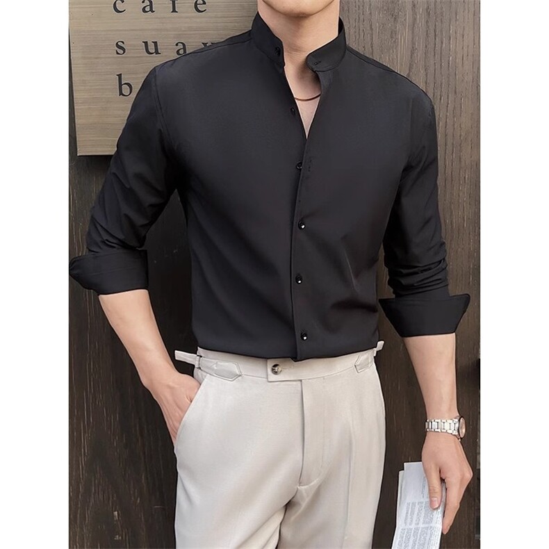 长袖衬衫男士春新款商务休闲高档冰丝无痕黑色衬衣男内搭免烫CS19，男装衬衫，星座208-5