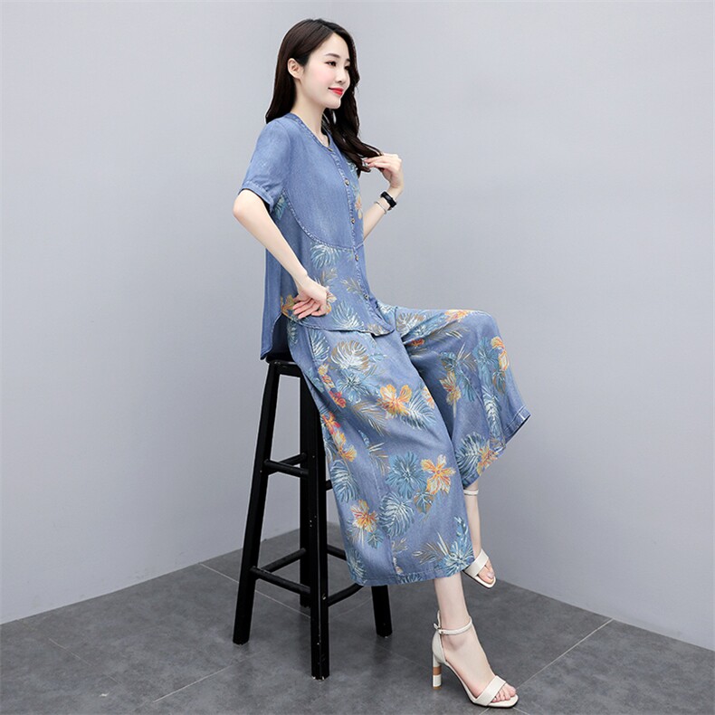 天丝牛仔套装夏季薄款宽松胖MM大码女装洋气中年妈妈装裙裤两件套,女装套装/套裙,魅影