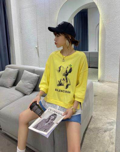 【现货】夏季新款针织衬衫拼接七分袖圆领卫衣，女装衬衫，微迪菲