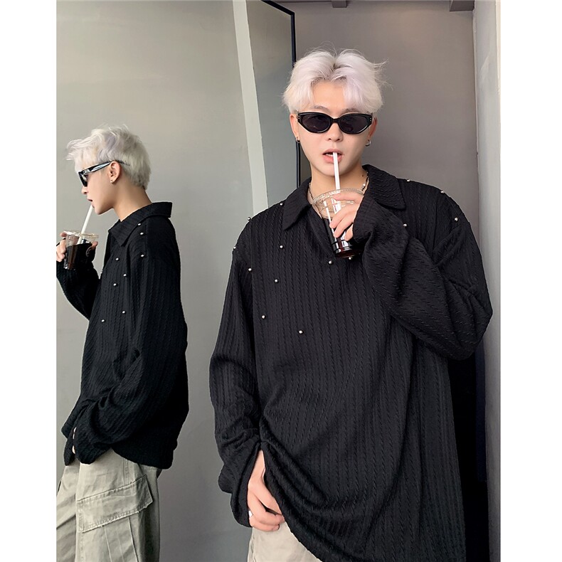 麦穗纹翻领卫衣男秋季重磅黑色长袖T恤针织衫polo衫W402-P38，男装Polo衫，电商C307