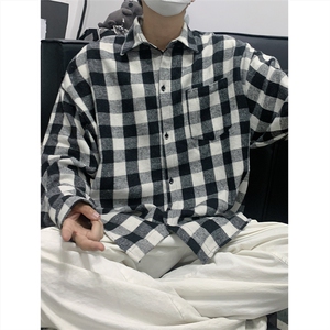 现货~磨毛加厚格子大码长袖衬衫 C5899/特P25 黑图片