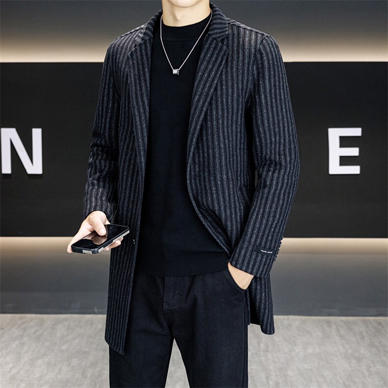 2025年英伦风宽松外套男双面条格50%羊毛毛呢长款大衣582216P160，女装短外套，星座301B-1