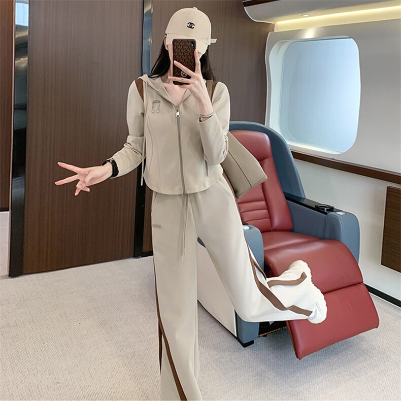 女秋修身显瘦短款连帽开衫外套阔腿裤套装,女装套装/套裙,江南