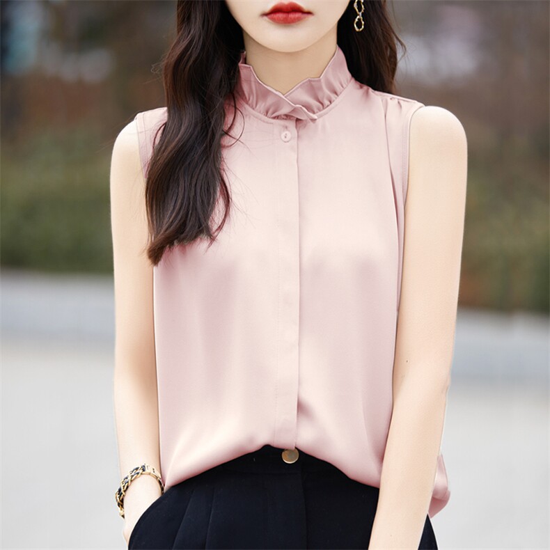 女士气质优雅时尚无袖木耳边衬衫,女装衬衫,臻维羊绒