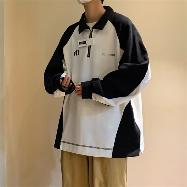 黑白撞色POLO衫卫衣男宽松休闲ins超火拼接上衣ZG09P38,男装卫衣,星座1116-2
