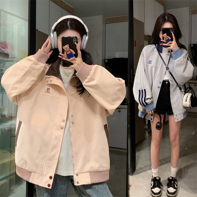 美式2024独特宽松拼接设计感粉色外套女春秋款立领夹克C830-P98,男装夹克,星座911-2(原星座613-2）