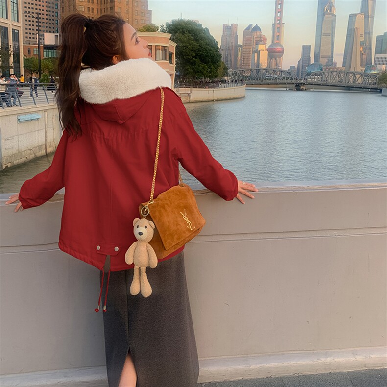 橘粉色工装派克服女2024年冬季新款小个子加绒加厚大毛领连帽棉服,女装短外套,2C037