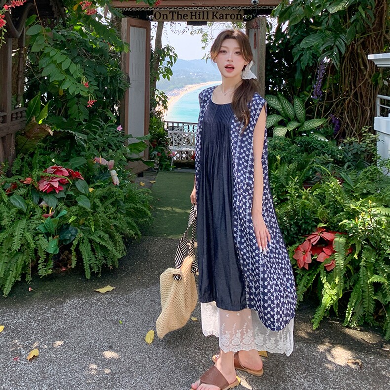 森系复古假两件碎花连衣裙女2025夏季新款宽松小个子蕾丝拼接长裙,女装连衣裙,2C029