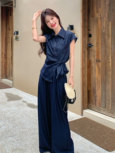 2026新款女装深蓝色阔腿裤套装简约通勤两件套223-1552P165K245图片