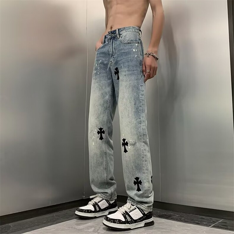 欧美高街十字架牛仔裤男美式嘻哈vibe风街头直筒喇叭裤Z2217P48,男装牛仔裤,星座1116-2