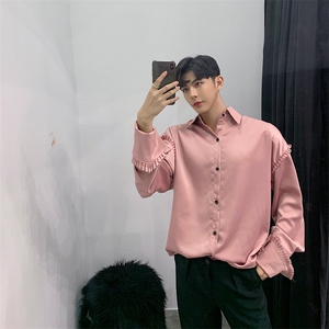秋季新款小心机荷叶边上衣港味复古粉色男衬衣A图片