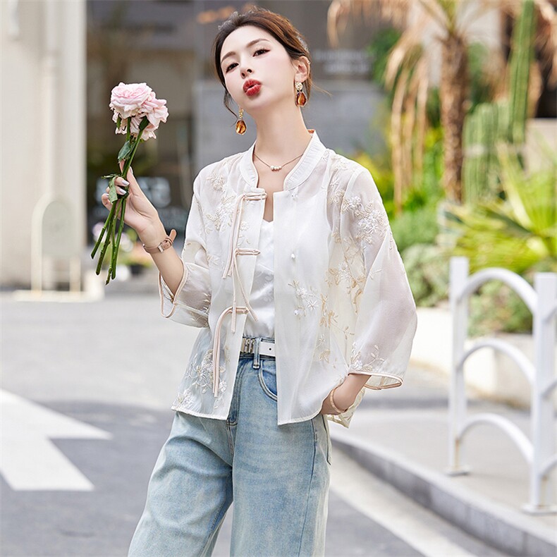 夏季防晒服女短款外套气质高级感显瘦薄款盘扣新中式国风防晒衣夏,女装T恤,香水丽阁