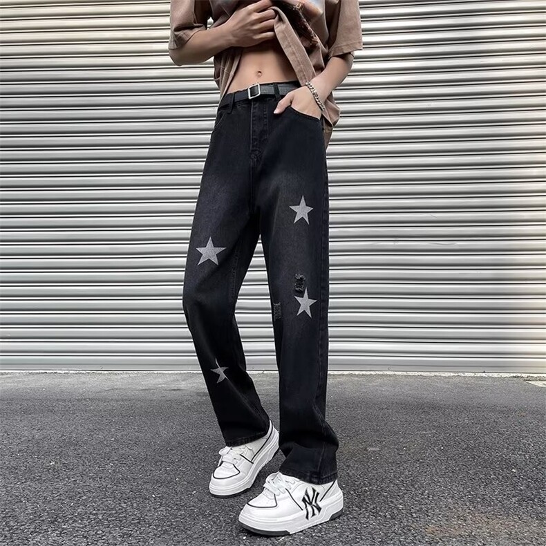 星星牛仔裤男春秋潮牌美式高街设计感宽松直筒休闲长裤N7202-P43图片