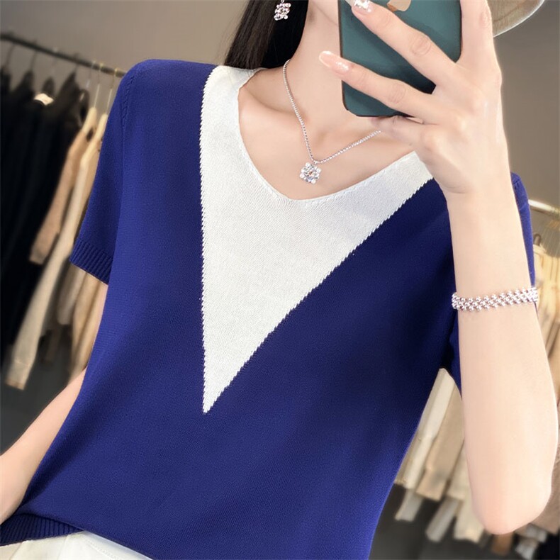法式高级V领冰丝针织短袖T恤女2025夏季新款宽松正肩薄款百搭上衣,针织衫/毛衣,萱芳婷羊绒