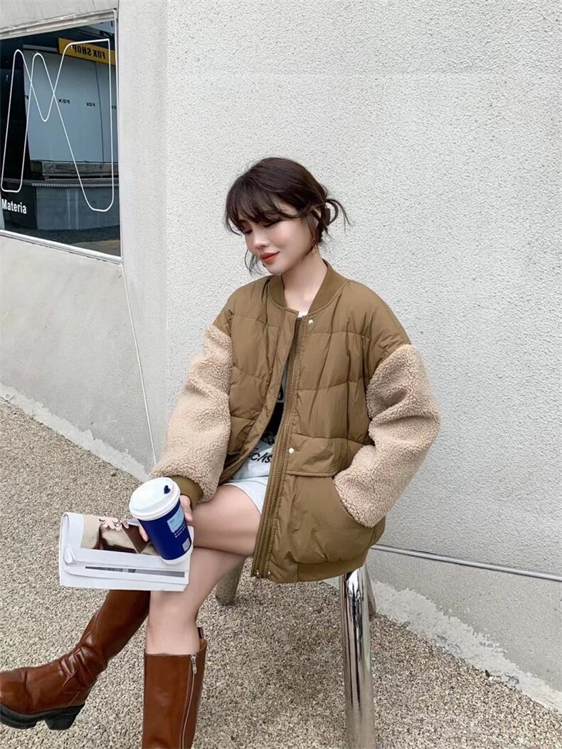 现货羊羔毛拼接羽绒服，女装羽绒服，爱美欧