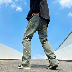 高街破洞牛仔裤男韩版染黄泥个性2024冬季新款ins长裤RK1239-P49，男装牛仔裤，星座412-2
