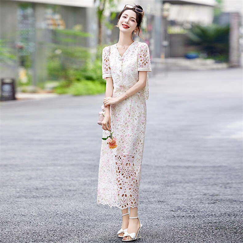 小香风蕾丝套装裙女2024夏新款甜美名媛气质钉珠上衣半身裙两件套,女装套装/套裙,众宇琦